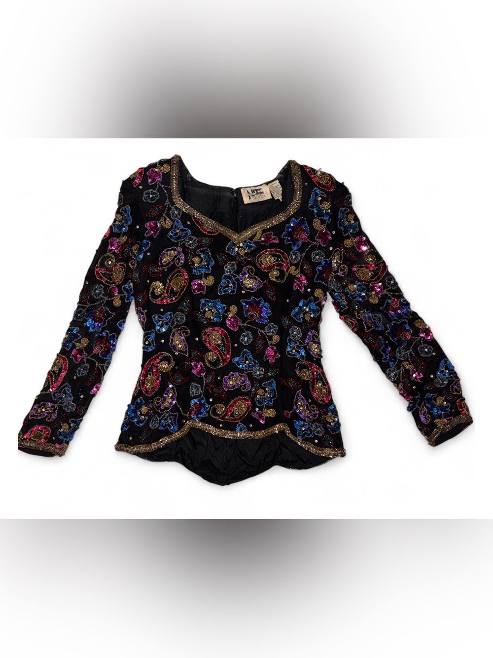 Vintage Sequined Paisley Black Silk Evening Tunic Top-M